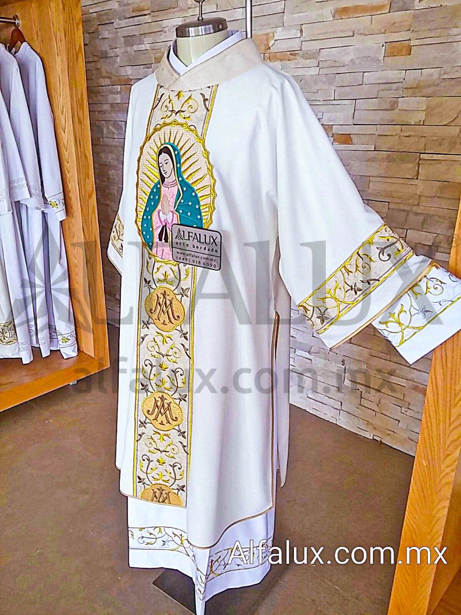 07 JHS MA Blanco Brocado BRONCE DALMATICA Medallon Virgen 342